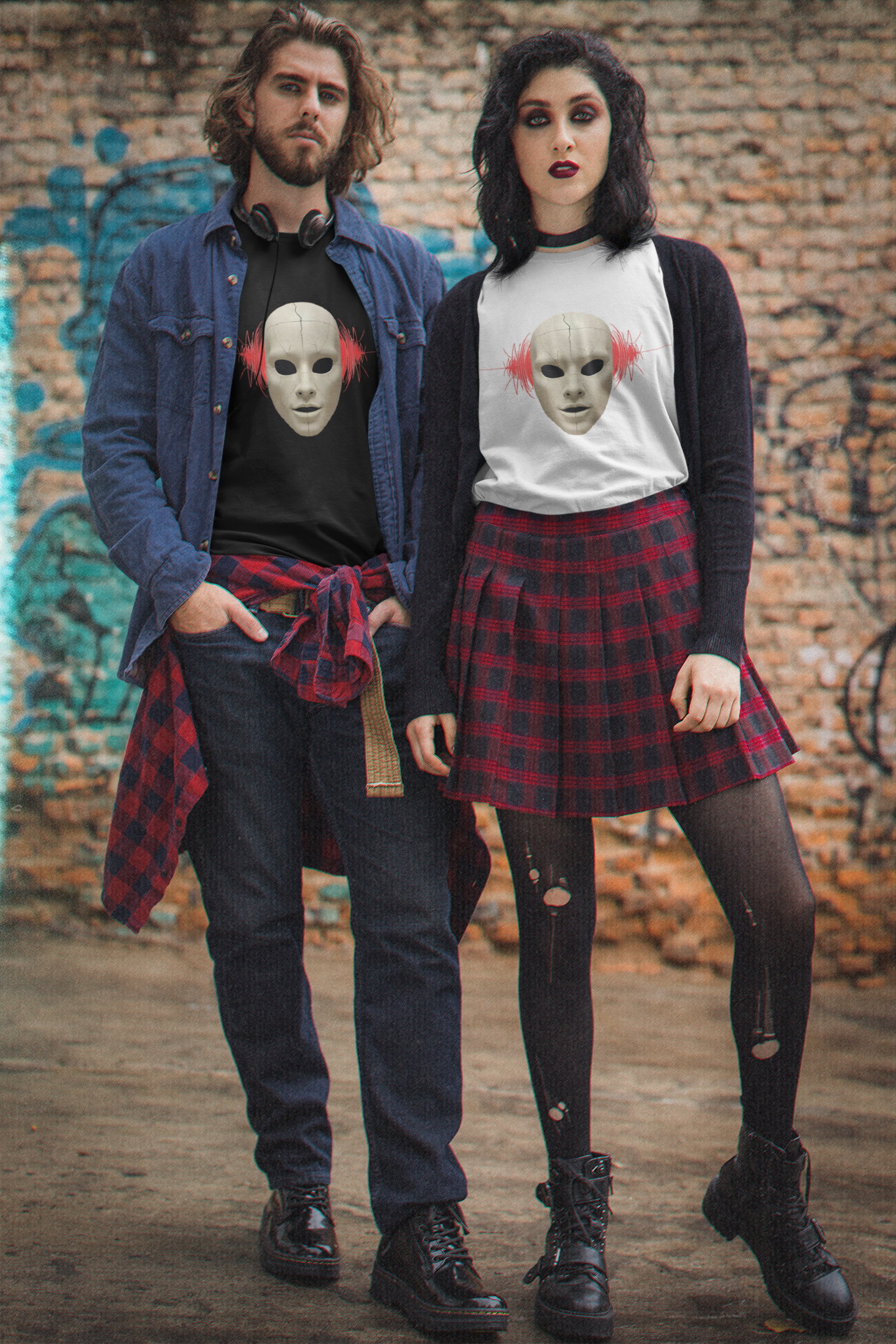 Máscara Agrietada con Onda de Sonido — Camiseta Surrealista Unisex
